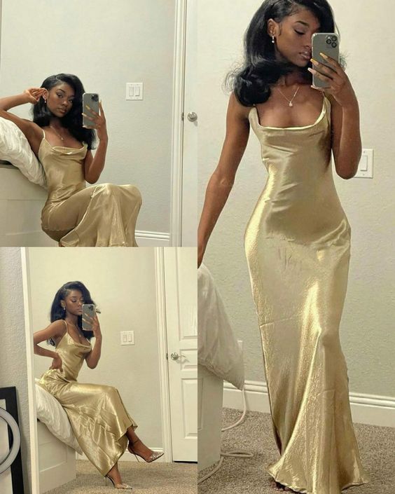 PM453, Simple Gold Silk Satin Prom Dresses, Square Neck Long Prom Dress Party Dress