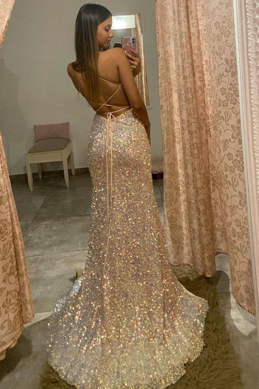 PM086,Gold sequin cross back mermaid long prom evening dresses