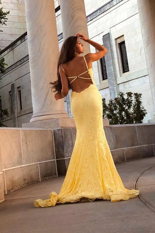 PM483,Pastel Yellow Mermaid Lace Prom Dresses, Backless Evening Dress