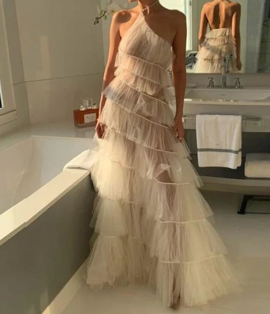 PM436,Sexy Halter White Layers Long Prom Evening Dresses,Puffy See Through Evening Gown