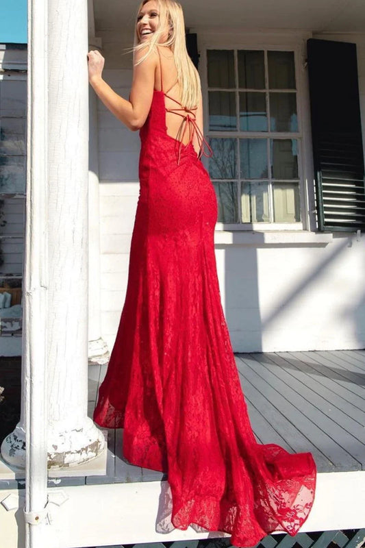 PM457, V Neck Backless Mermaid Red Lace Long Prom Dresses, Mermaid Red Formal Dresses, Red Lace Evening Dresses