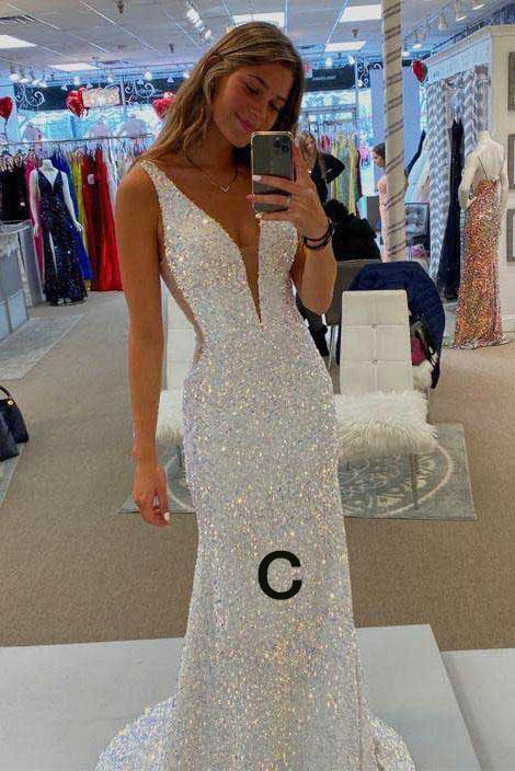 PM093,Shiny Spaghetti Straps Mermaid White Sequin Prom Evening Dress Gown For Women