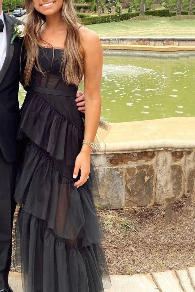 PM414,Elegant A-line Layered Tulle Black Prom Dress,Sheer Corset Long Evening Dress,Black Graduation Dres
