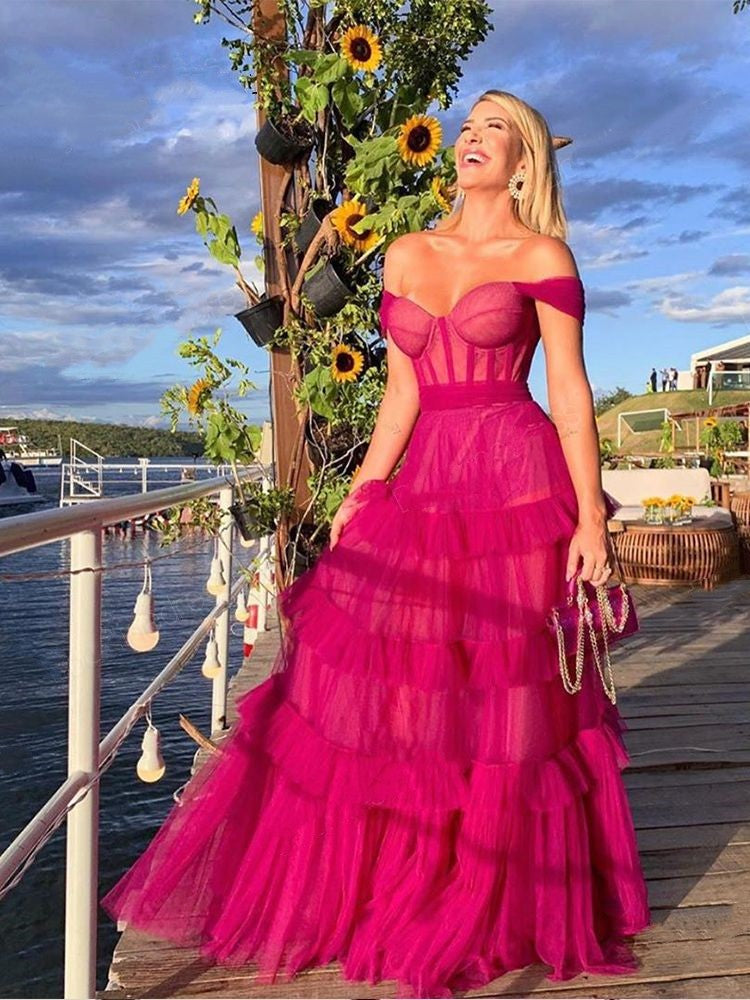 PM490,Sweetheart Tulle Ruffles Long Prom Evening Dresses