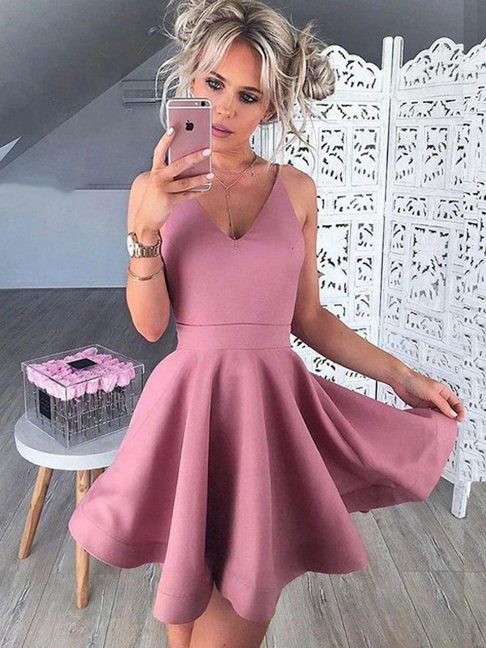 PM297,Cheap Pink A-Line Satin Homecoming Prom Dresses