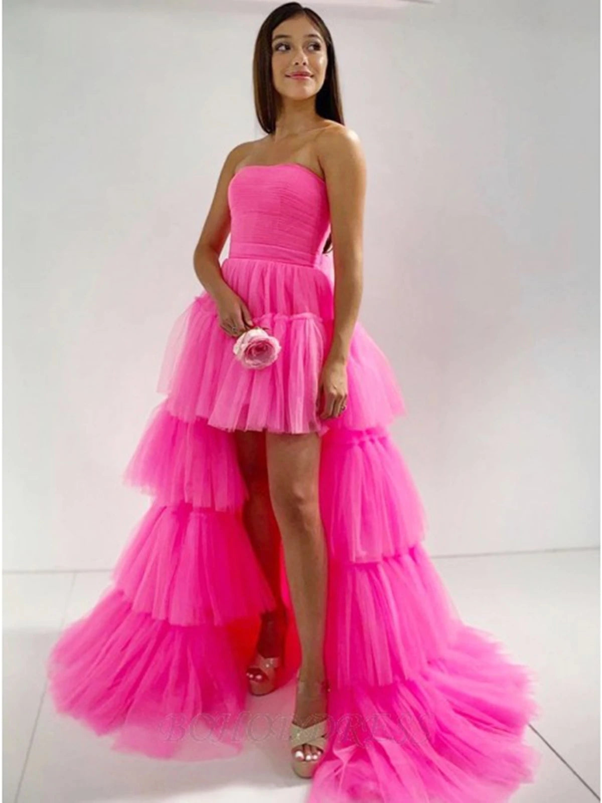 PM032,Hot pink tulle prom dresses strapless high low evening formal dress