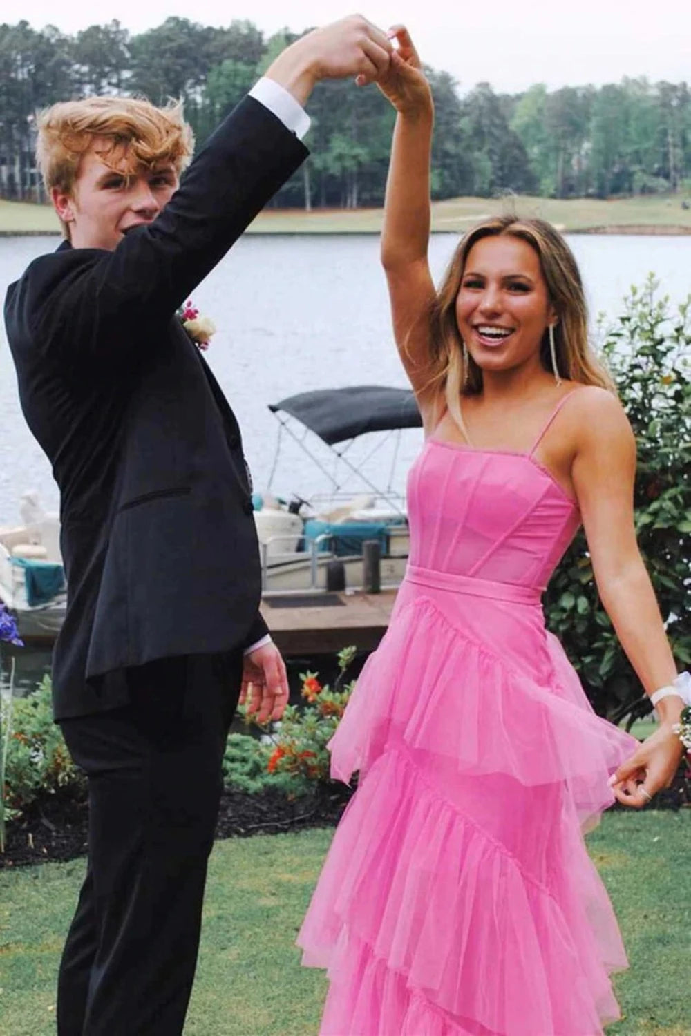 PM027,Princess Hot Pink A Line Tulle Long Prom Dress Layered Ruffles Evening Gown
