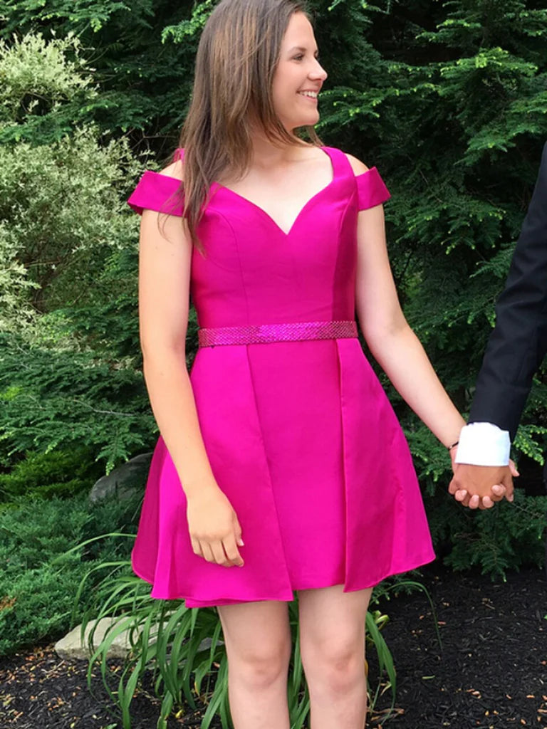 PM188,Hot Pink Off The Shoulder Satin Homecoming Dresses