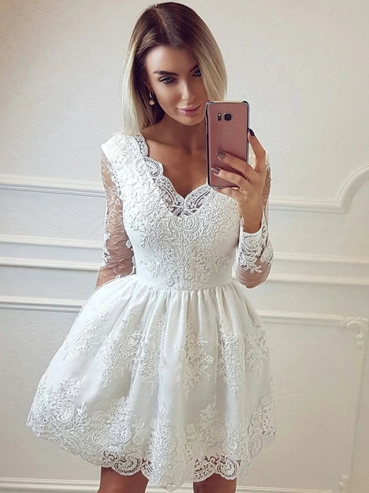 PM379 White Lace Homecoming Dresses Lace Long Sleeves Prom Dresses Sho prommirror
