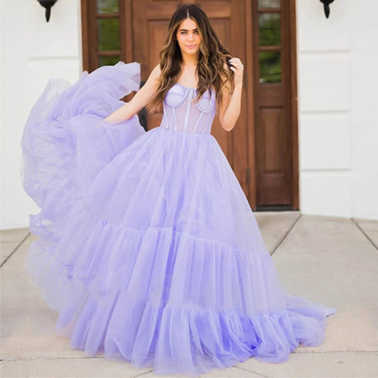 PM439,Princess Lilac A-Line Tulle Long Prom Evening Dresses