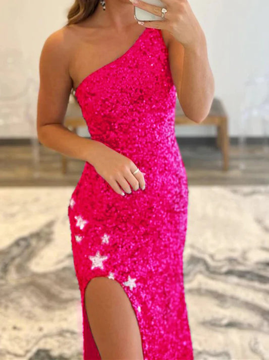 PM081,Hot pink one shoulder sequin long prom evening dress with split