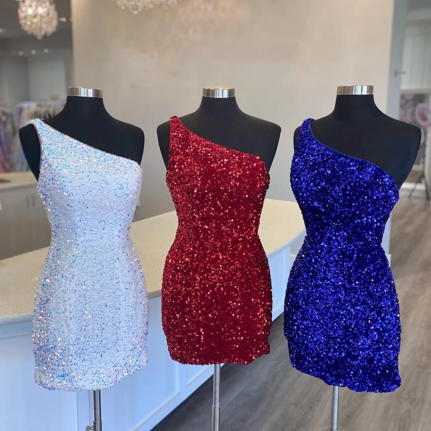 PM129,One Shoulder Sequined Homecoming Dresses Sexy Mini Evening Prom Dresses