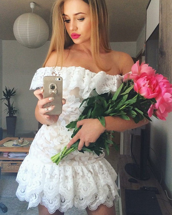 PM174,Champagne Lace Homecoming Dresses,Off The Shoulder Sheath Graduation Dress