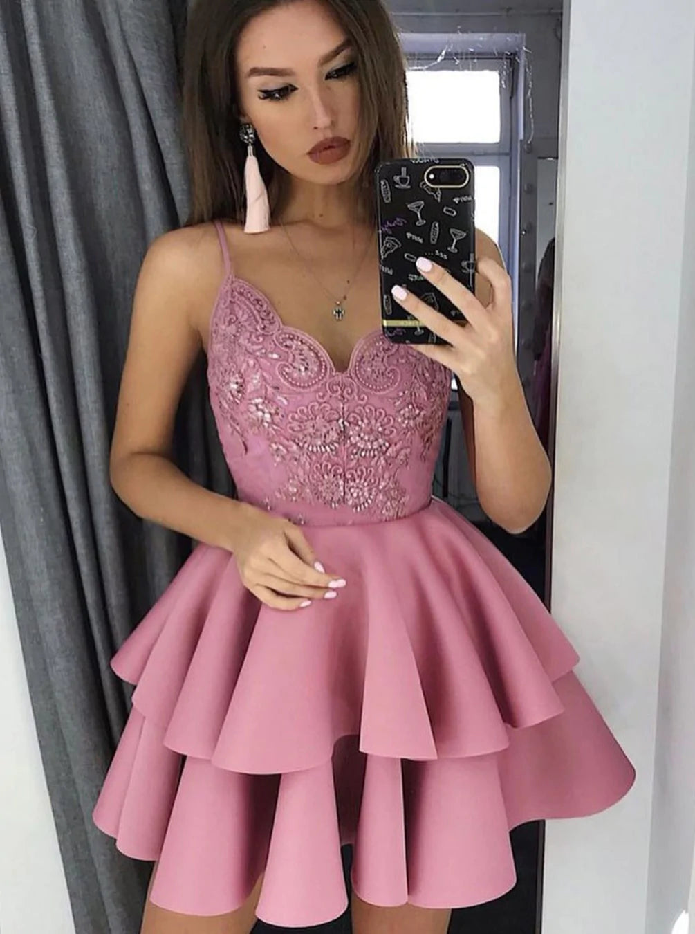 PM194,Dusty Rose Homecoming Dresses Satin Applique Hoco Dress