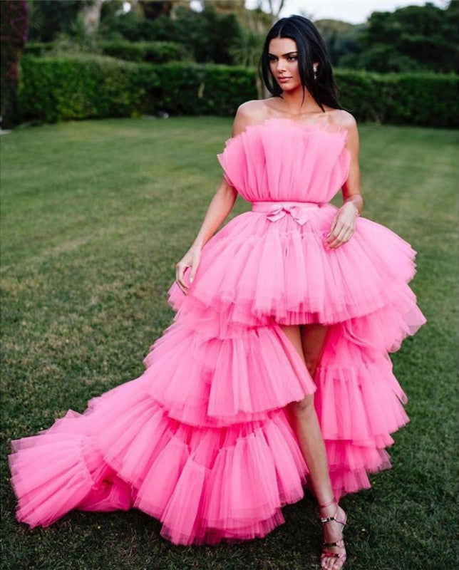 PM202,Pink Tulle Strapless High Low Long Prom Evening Dresses