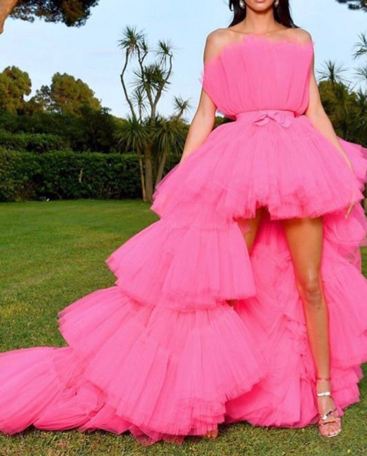 PM202,Pink Tulle Strapless High Low Long Prom Evening Dresses