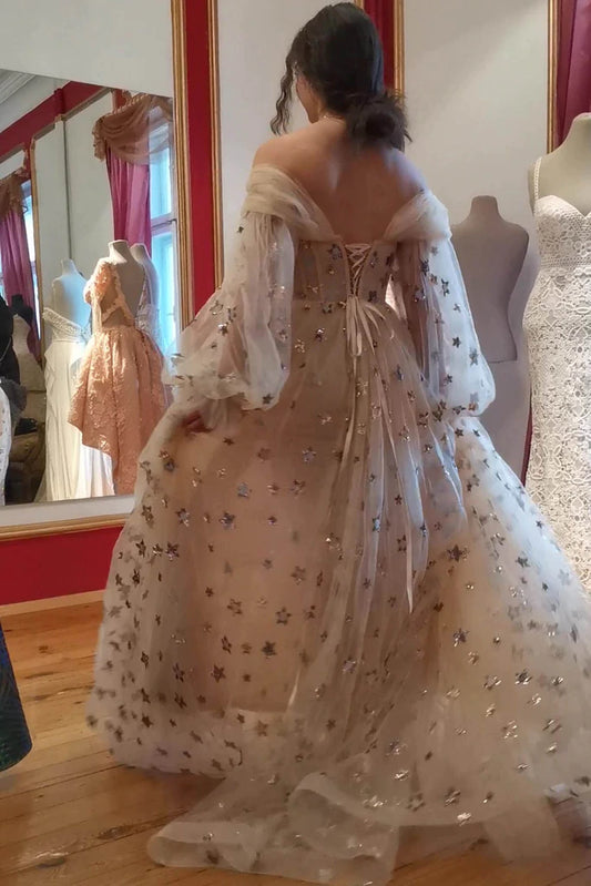 PM088,Princess Tulle Starry Prom Dress, Sparkly Off The Shoulder Stars Long Party Gown