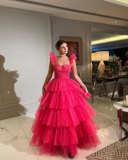 PM488,Watermelon Red Pink tulle prom dresses long evening dress