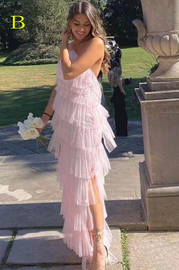 PM096,New Style Halter Ruffles Tulle Prom Dress With Slit, Charming Long Party Dress