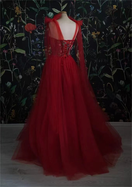 PM074,Red tulle prom dresses sweetheart long evening dress