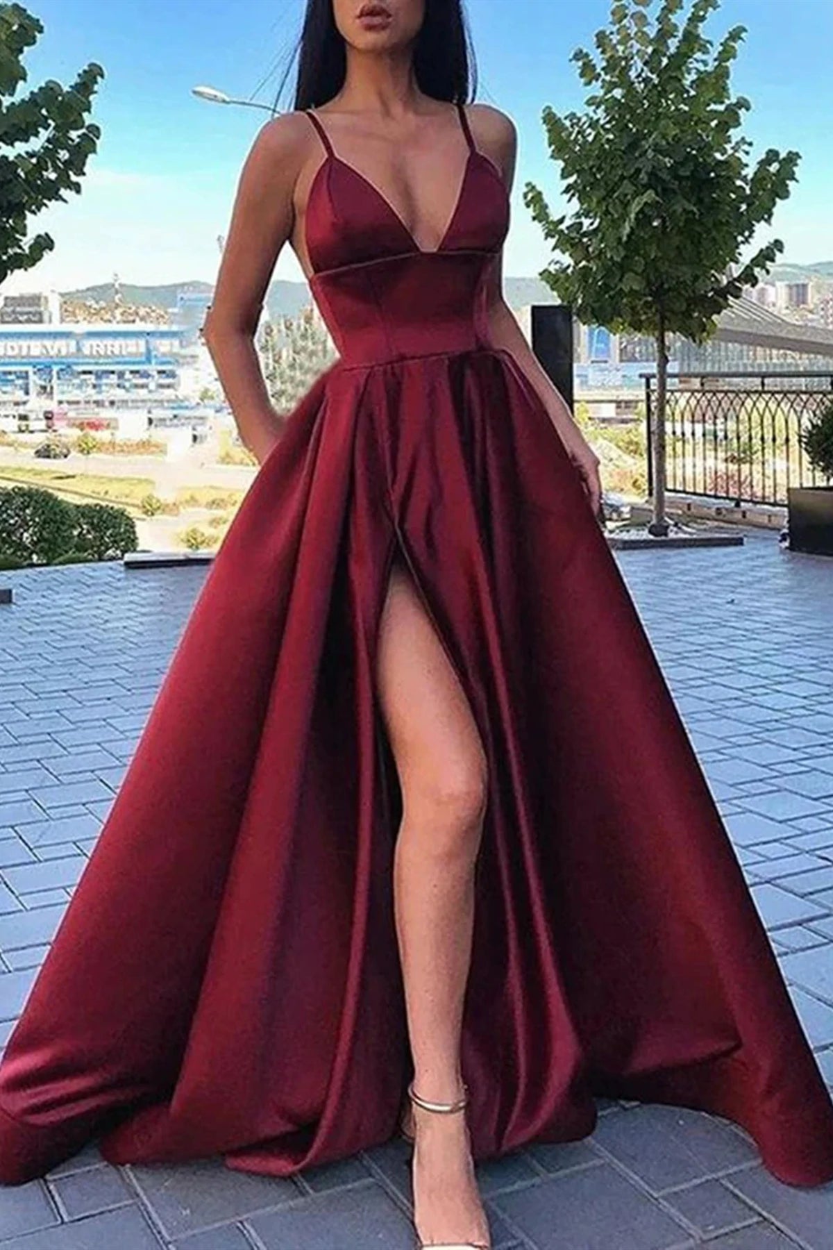 PM084,Burgundy V-Neck A-Line Satin Long Prom Evening Dresses