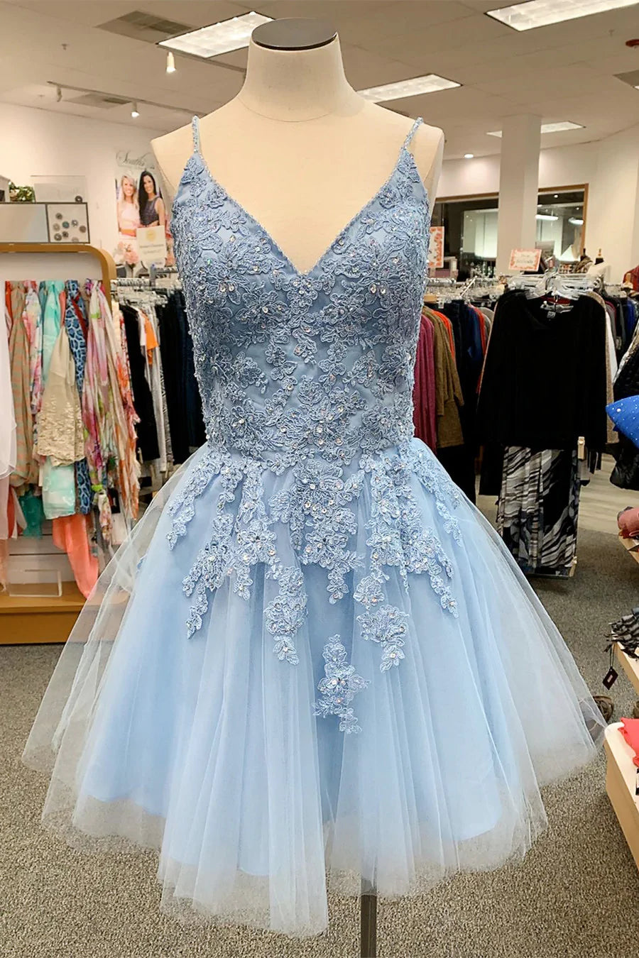 PM215,Spark Queen V neck short sky blue homecoming dress with lace app prommirror PM215,Spark Queen V neck short sky blue homecoming dress with lace app prommirror