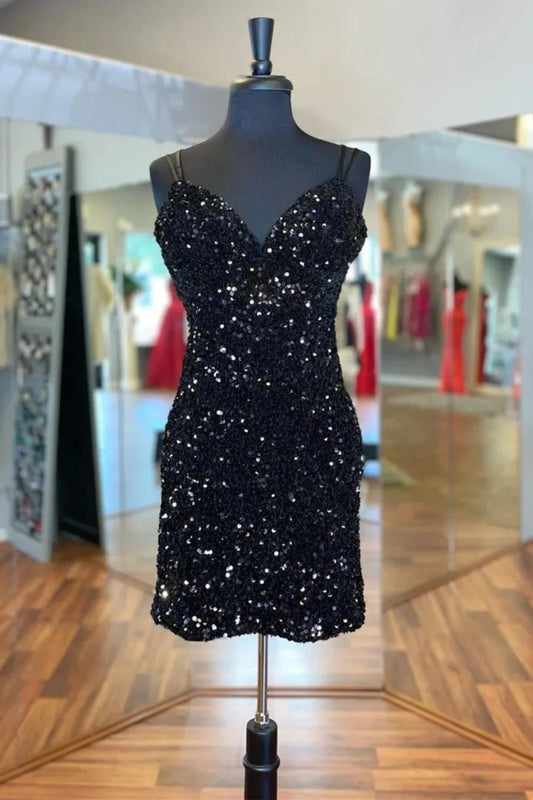 PM136,Sparkle Black Sequined Homecoming Dresses Cross Back Mini Graduation Dresses