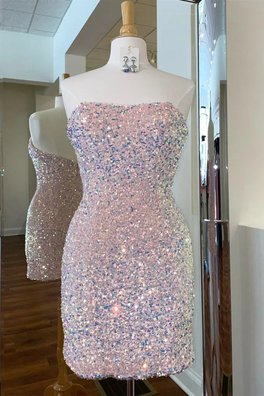 PM143,Strapless Pink Sequined Mini Homecoming Prom Dresses