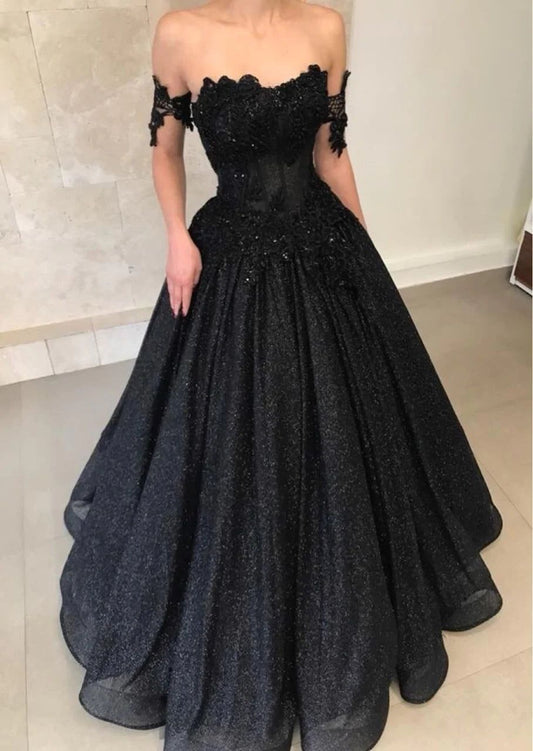 Sparkle black off the shoulder applique prom dresses evening dress long