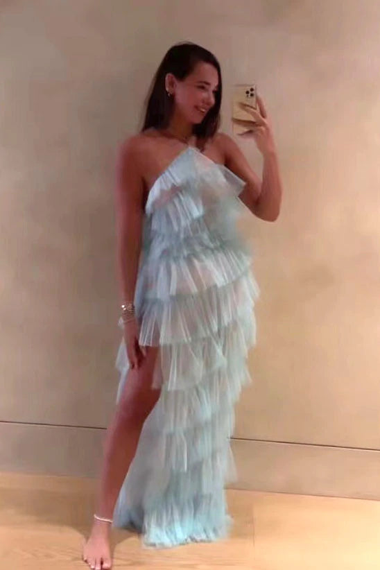 PM096,New Style Halter Ruffles Tulle Prom Dress With Slit, Charming Long Party Dress