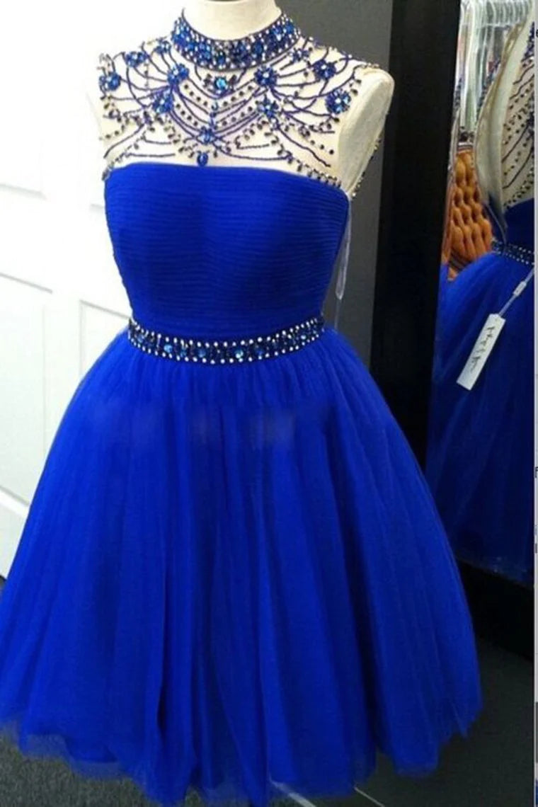 PM121,2022 Tulle High Neck With Beading Homecoming Dresses A Line Open Back