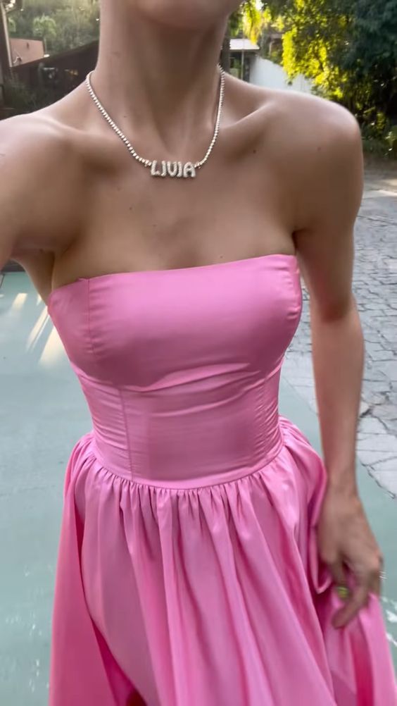 PM466,Strapless Pink Satin Prom Dresses, A-Line Split Long Prom Evening Dress