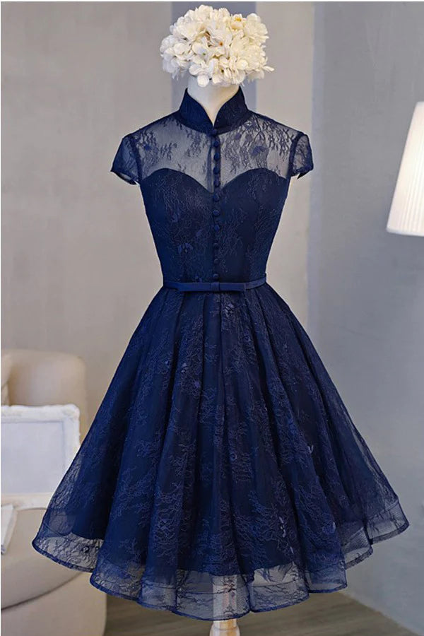 PM311,Navy Blue Homecoming Dresses,Lace Homecoming Dress,High Neck Min