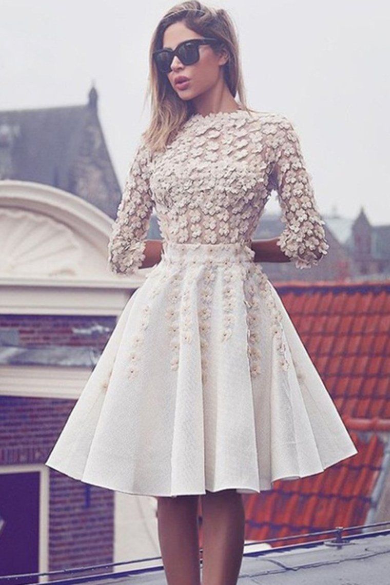 PM117,2022 Scoop A Line Homecoming Dresses Satin With Handmade Flowers Knee Length