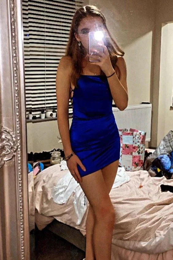 PM166,Royal Blue Homecoming Dresses Cross Back Graduation Dress