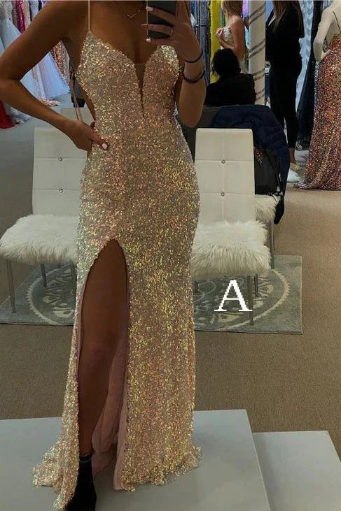 PM085,Spaghetti Straps Mermaid Prom Dress, Sparkly Sequins Slit Long Formal Gown