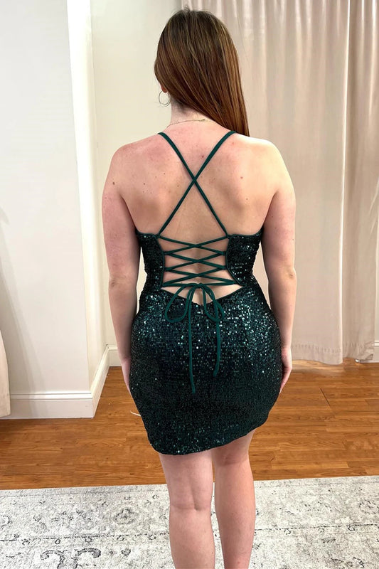 PM137,Dark Green Sequined Homecoming Dresses Cross Back Mini Evening Dresses