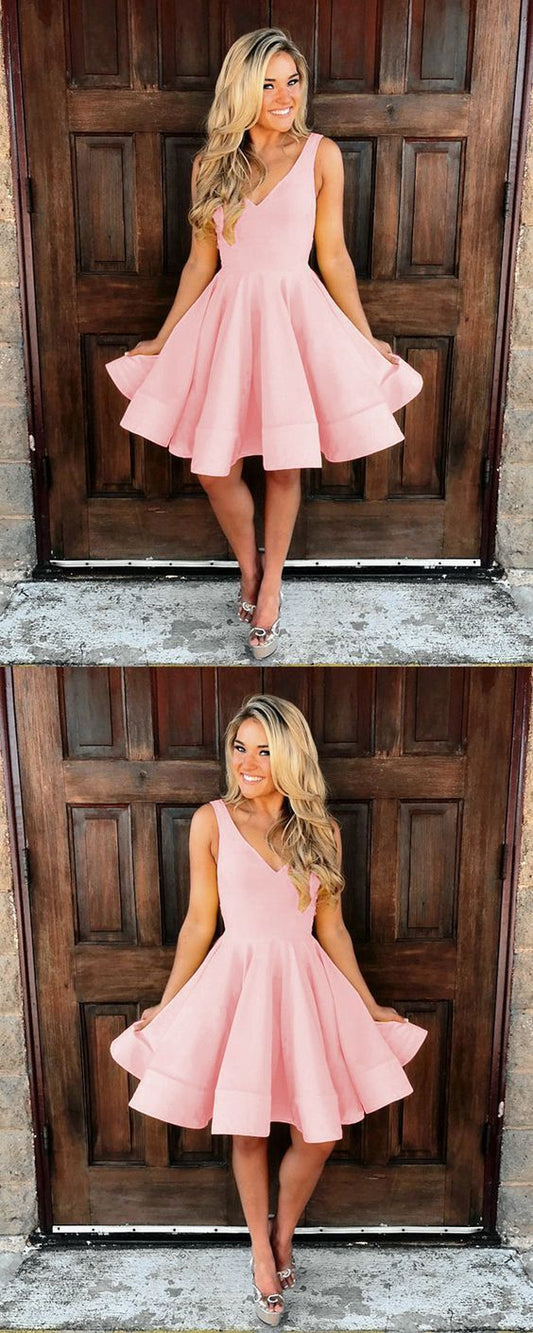 PM035,Pink A-Line Satin Homecoming Dress V-Neck Short Hoco Dresses