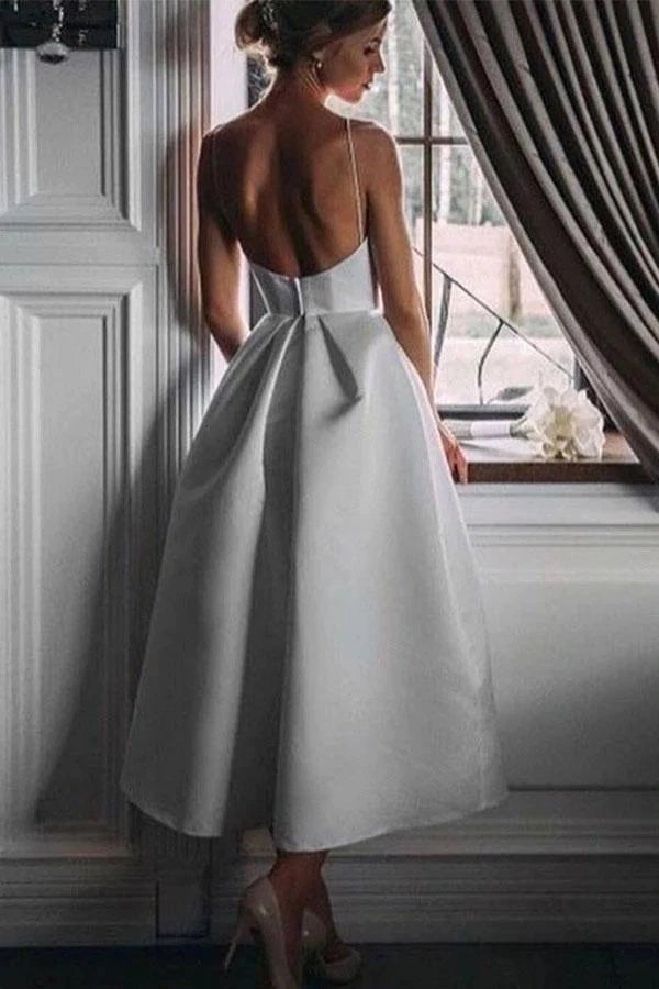 PM099,Unique Tea Length Satin Party Dress, Spaghetti Straps Backless Prom Dress