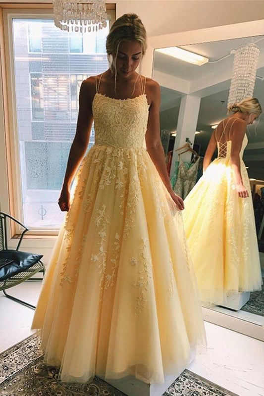 PM343,Elegant Yellow Applique Tulle Prom Evening Dresses