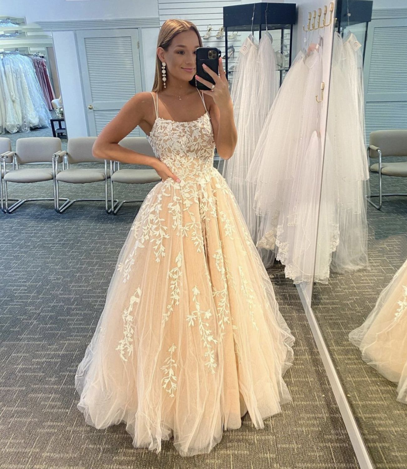 PM001,Stylish prom dress spaghetti straps evening dresses applique