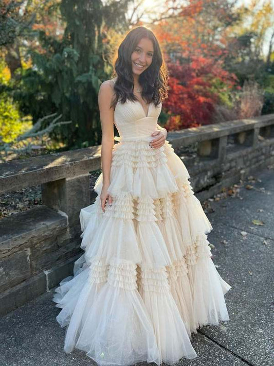 PM352,Princess Off The White V-Neck Ruffles Long Prom Dresses,A-Line Evening Dress