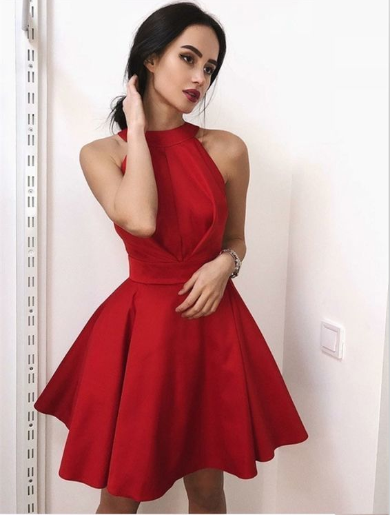 PM054,Halter red homecoming dresses satin a-line graduation dress