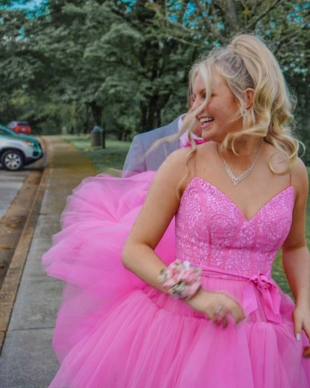 PM397,High Low Hot Pink Tiered Prom Dress with Spaghetti Straps
