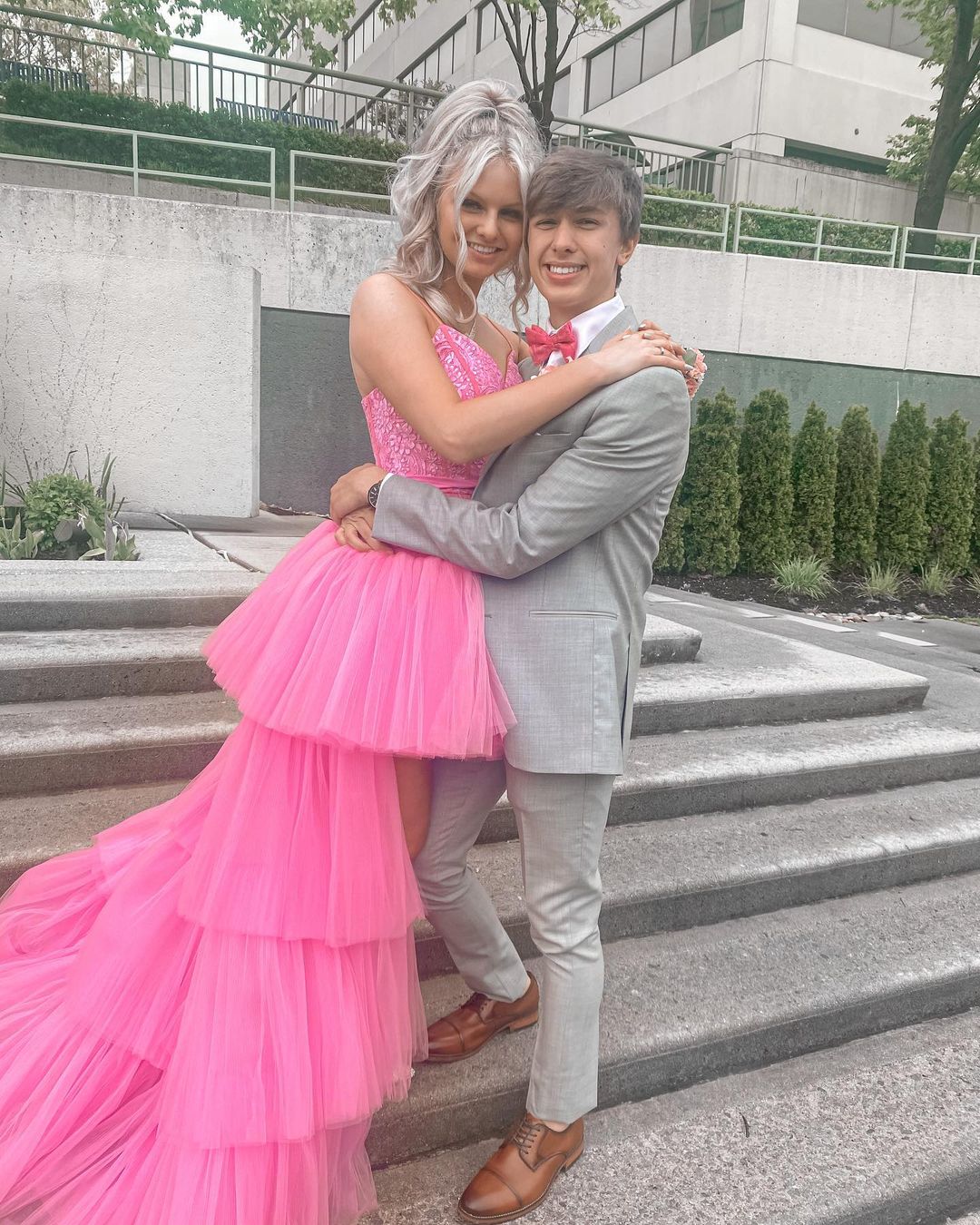 PM397,High Low Hot Pink Tiered Prom Dress with Spaghetti Straps