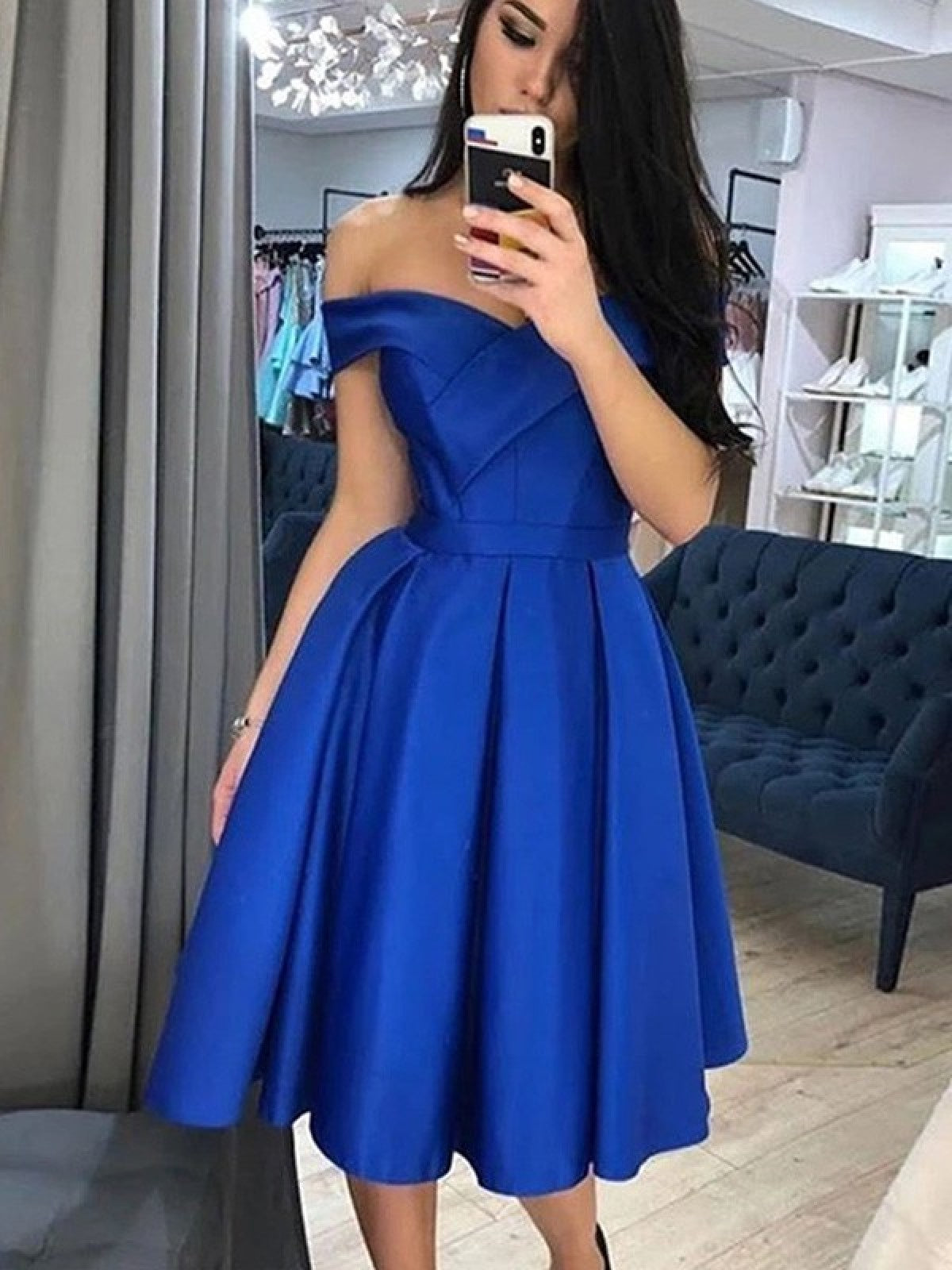 PM058,Off the shoulder royal blue satin homecoming dress