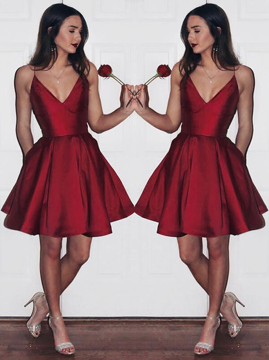 PM111,Burgundy Short Cute Simple Spaghetti Straps Homecoming Dress