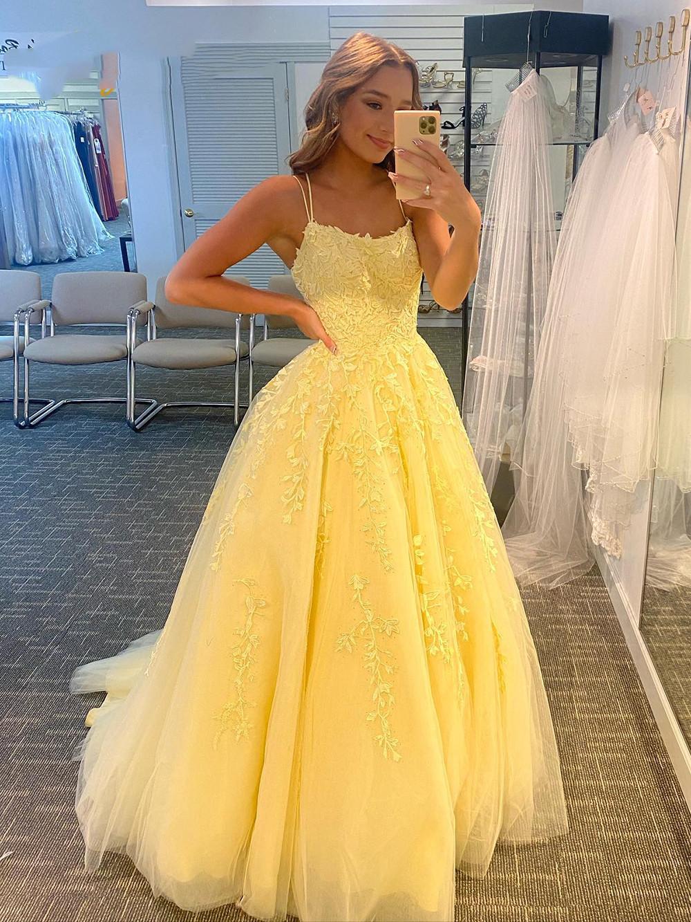 PM343,Elegant Yellow Applique Tulle Prom Evening Dresses