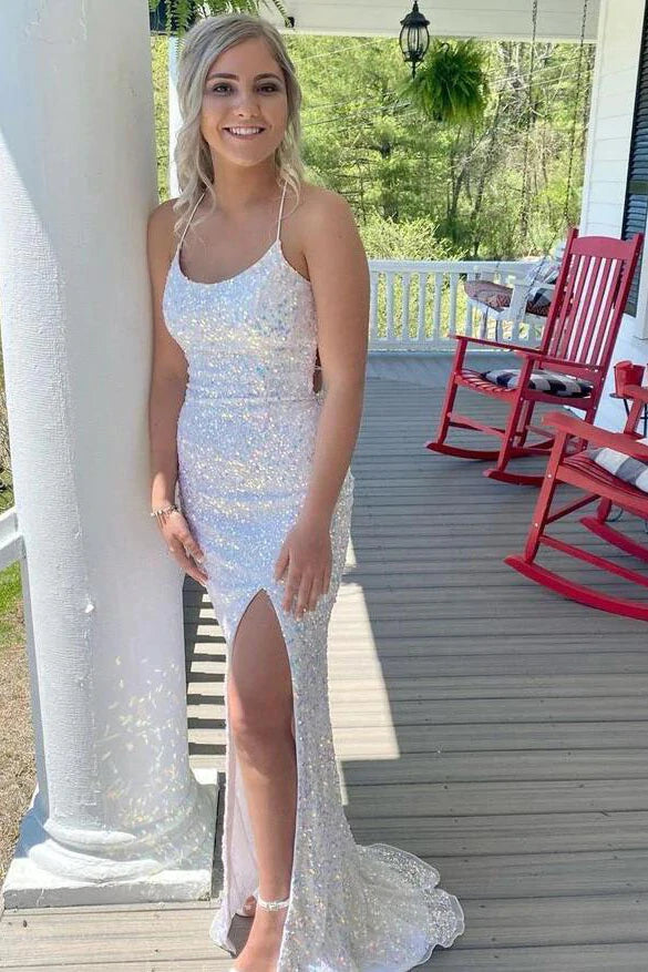 PM093,Shiny Spaghetti Straps Mermaid White Sequin Prom Evening Dress Gown For Women