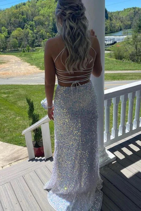 PM093,Shiny Spaghetti Straps Mermaid White Sequin Prom Evening Dress Gown For Women